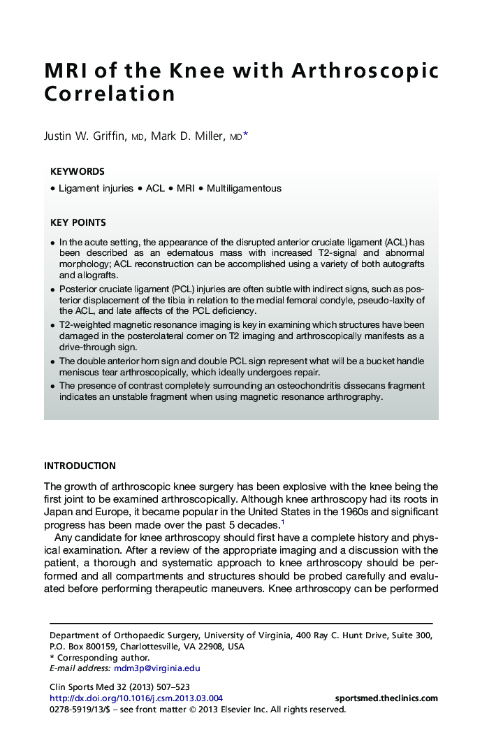 MRI of the Knee with Arthroscopic Correlation