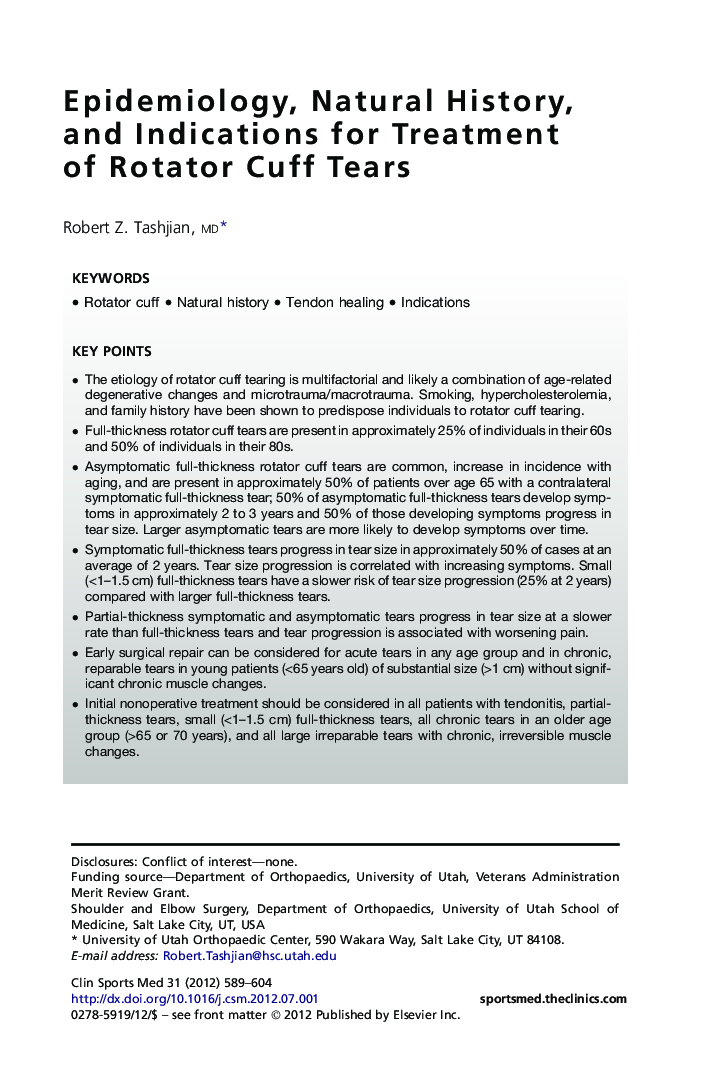 Epidemiology, Natural History, and Indications for Treatment ofÂ Rotator Cuff Tears