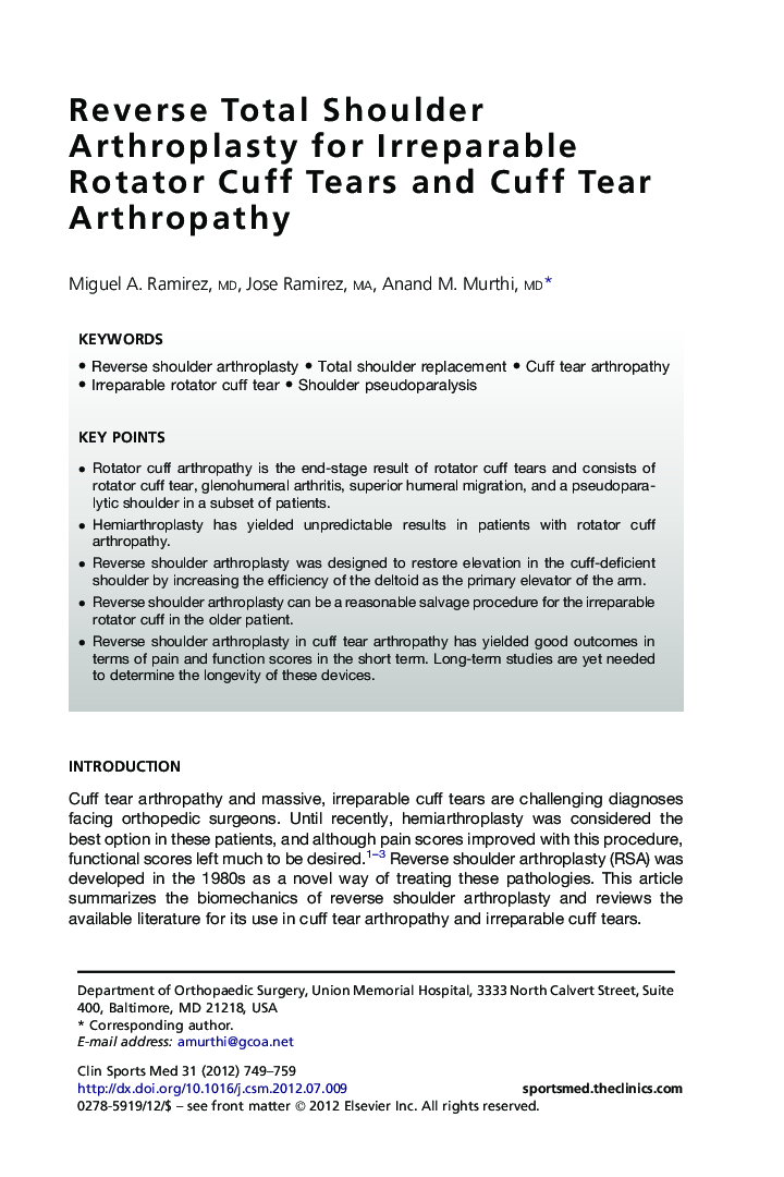 Reverse Total Shoulder Arthroplasty for Irreparable Rotator Cuff Tears and Cuff Tear Arthropathy