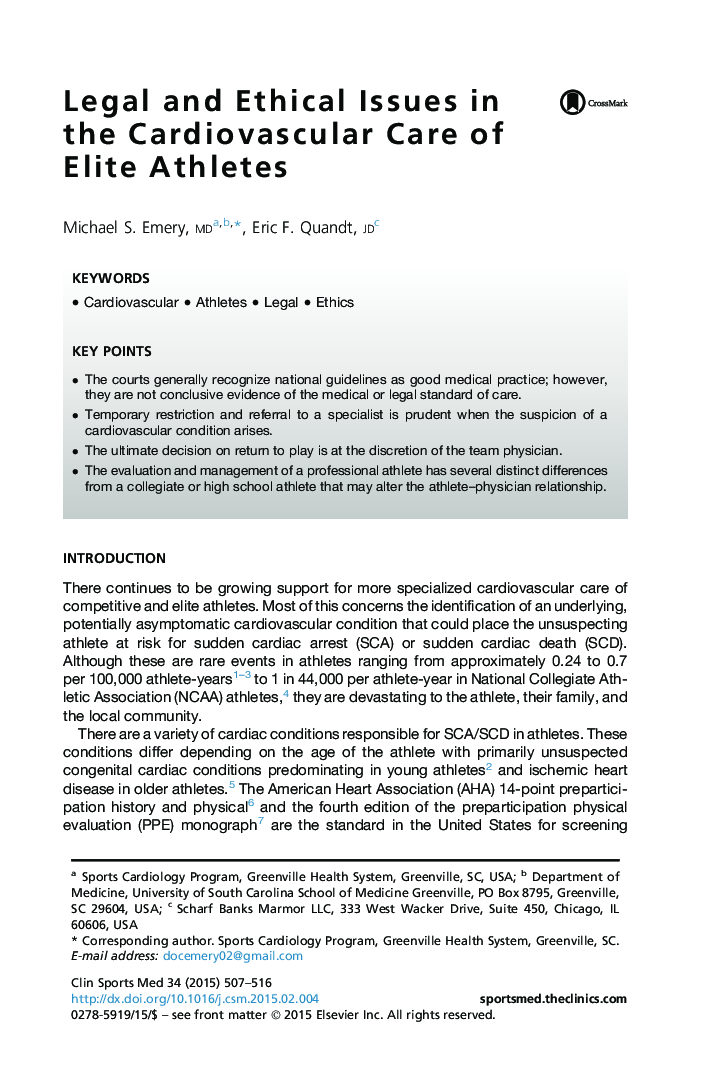 Legal and Ethical Issues in the Cardiovascular Care of Elite Athletes