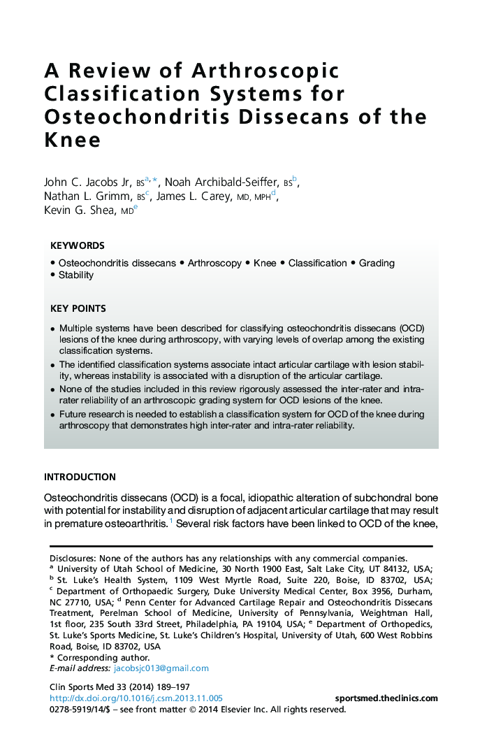 A Review of Arthroscopic Classification Systems for Osteochondritis Dissecans of the Knee