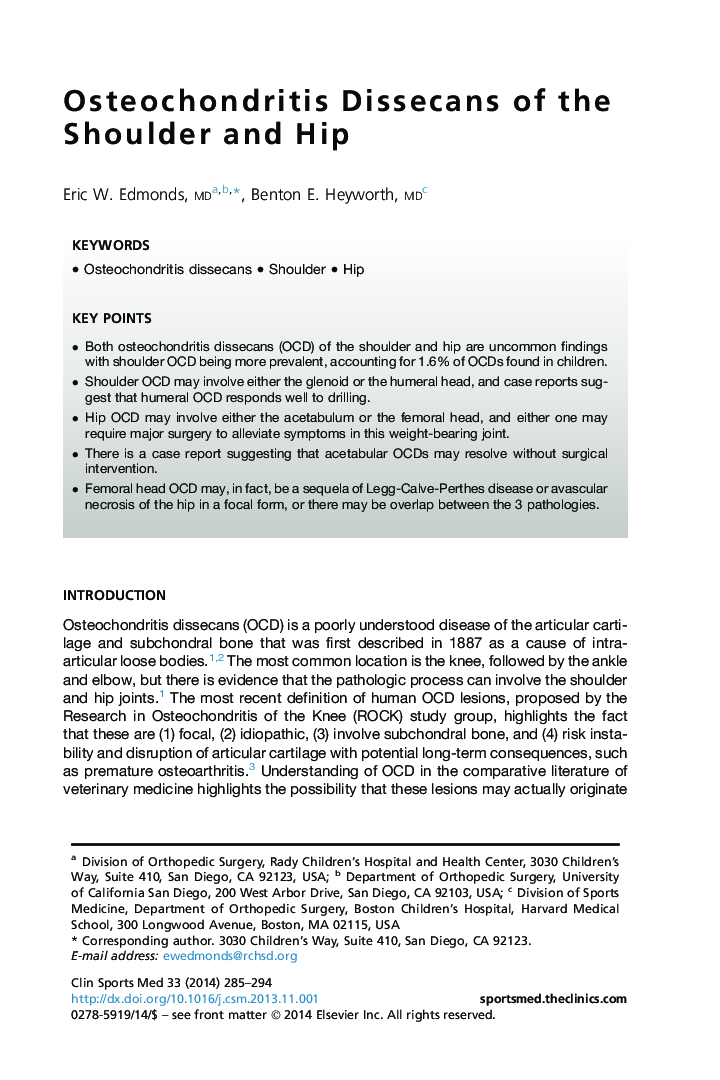 Osteochondritis Dissecans of the Shoulder and Hip