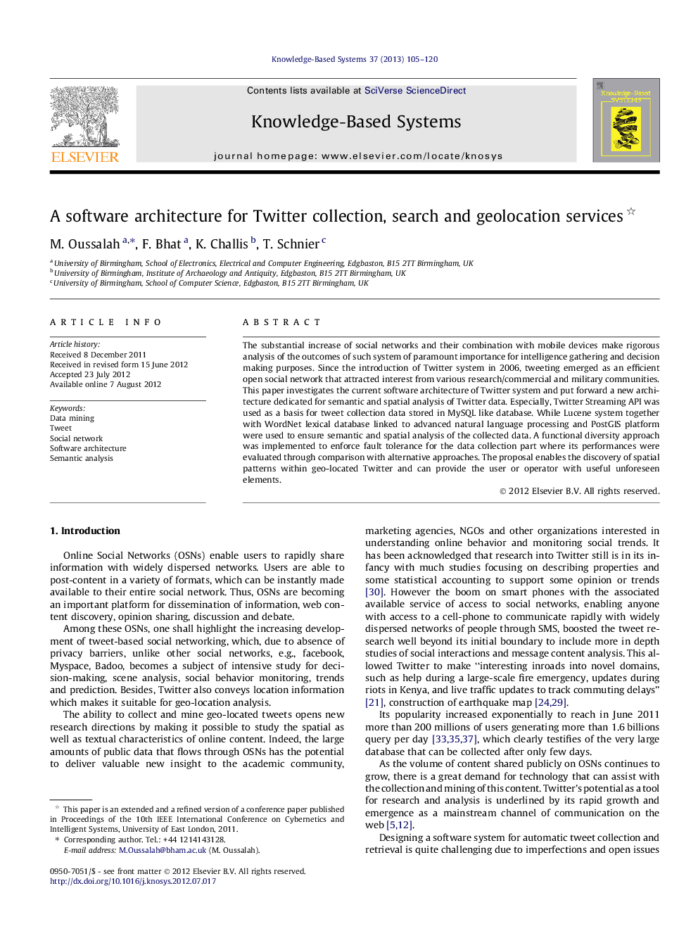 A software architecture for Twitter collection, search and geolocation services 