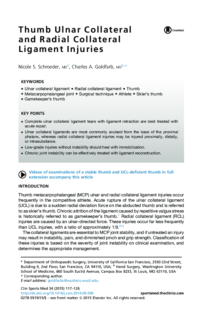 Thumb Ulnar Collateral and Radial Collateral Ligament Injuries