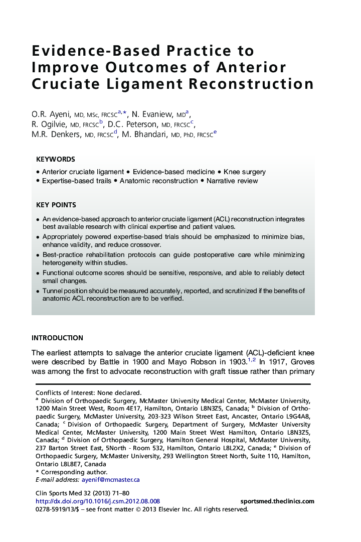 Evidence-Based Practice to Improve Outcomes of Anterior Cruciate Ligament Reconstruction