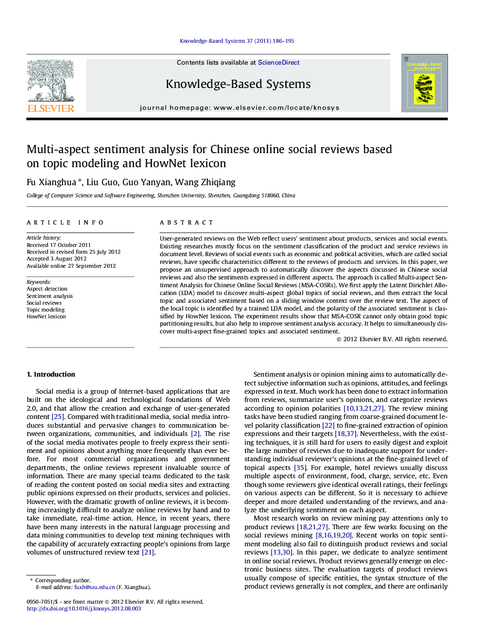 Multi-aspect sentiment analysis for Chinese online social reviews based on topic modeling and HowNet lexicon