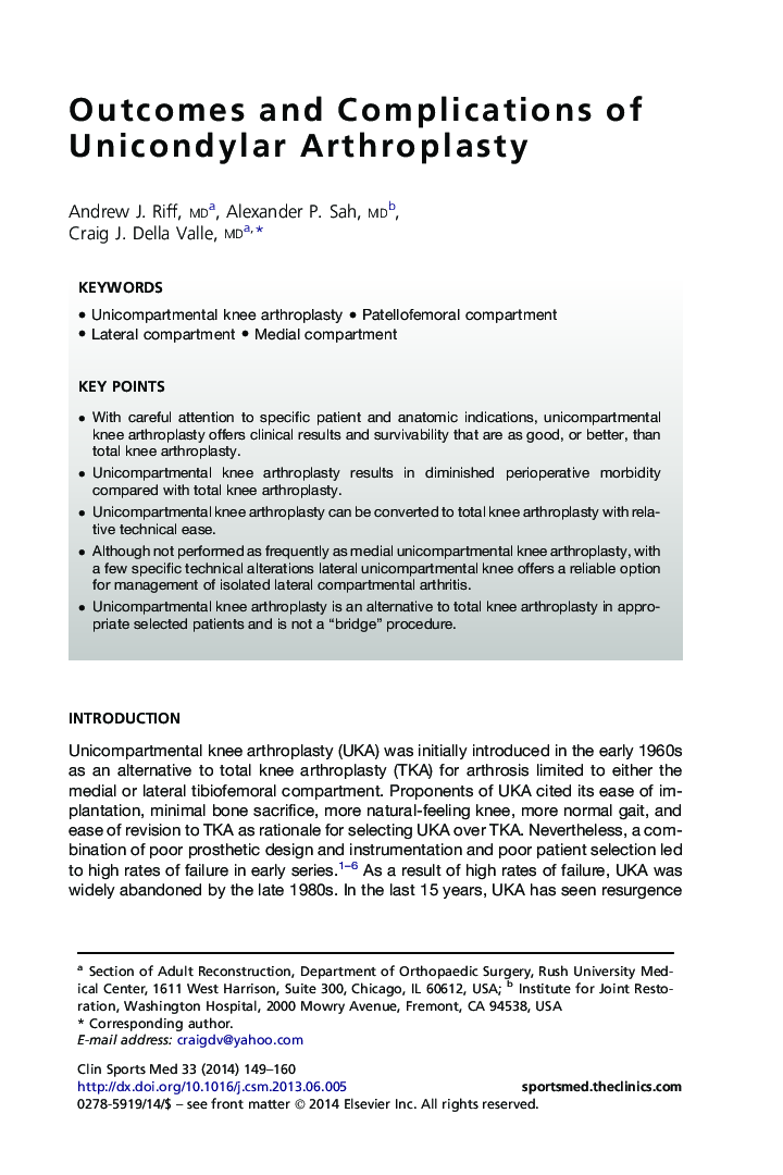 Outcomes and Complications of Unicondylar Arthroplasty