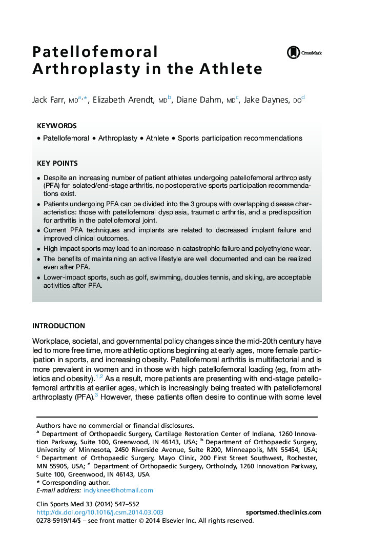 Patellofemoral Arthroplasty in the Athlete