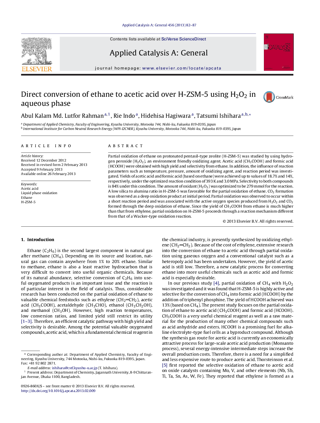 Direct conversion of ethane to acetic acid over H-ZSM-5 using H2O2 in aqueous phase