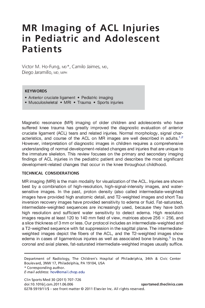 MR Imaging of ACL Injuries in Pediatric and Adolescent Patients