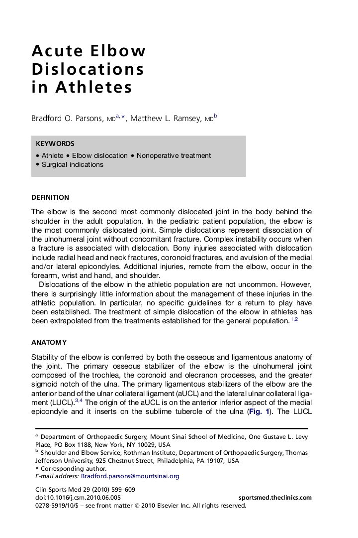 Acute Elbow Dislocations in Athletes