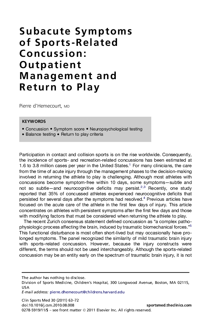 Subacute Symptoms of Sports-Related Concussion: Outpatient Management and Return to Play