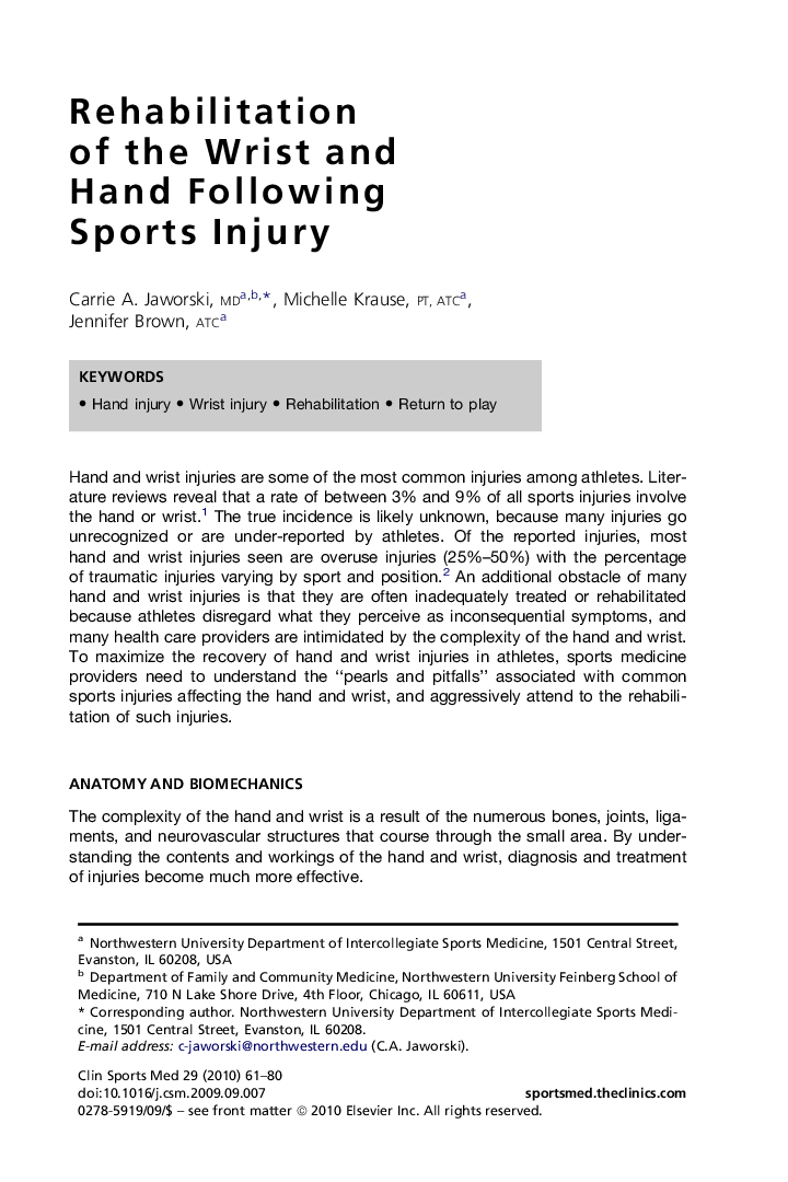 Rehabilitation of the Wrist and Hand Following Sports Injury