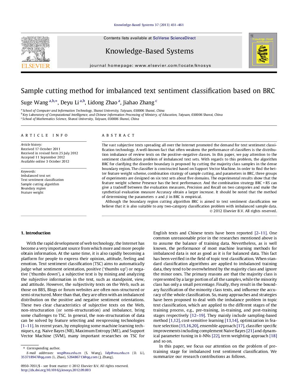 Sample cutting method for imbalanced text sentiment classification based on BRC