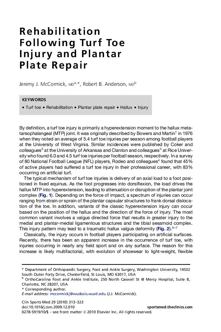 Rehabilitation Following Turf Toe Injury and Plantar Plate Repair