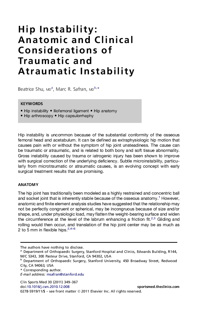 Hip Instability: Anatomic and Clinical Considerations of Traumatic and Atraumatic Instability