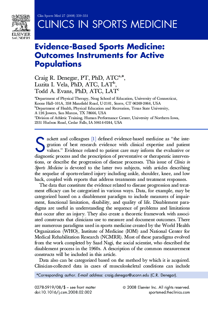 Evidence-Based Sports Medicine: Outcomes Instruments for Active Populations