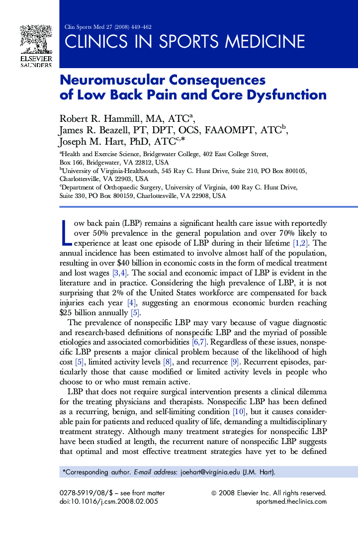Neuromuscular Consequences of Low Back Pain and Core Dysfunction