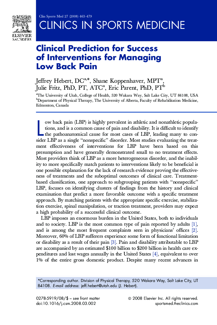 Clinical Prediction for Success of Interventions for Managing Low Back Pain