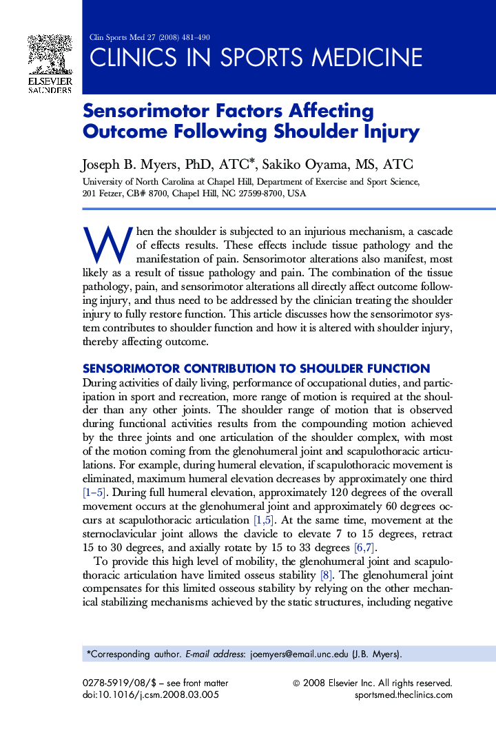 Sensorimotor Factors Affecting Outcome Following Shoulder Injury
