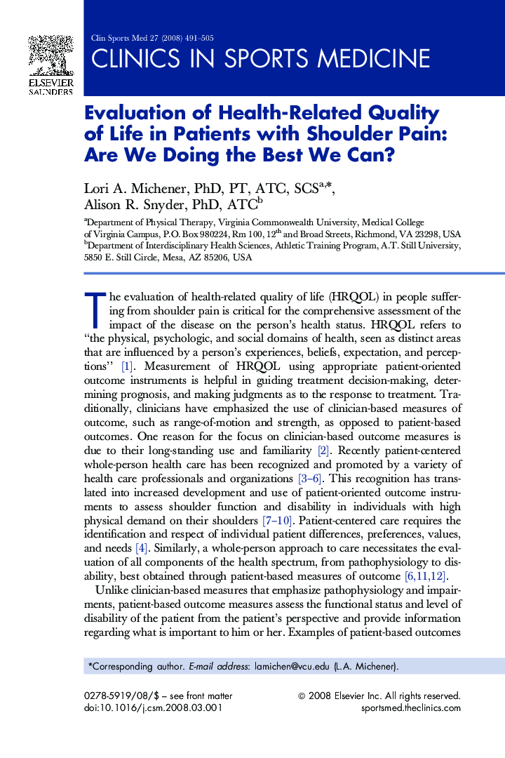 Evaluation of Health-Related Quality of Life in Patients with Shoulder Pain: Are We Doing the Best We Can?
