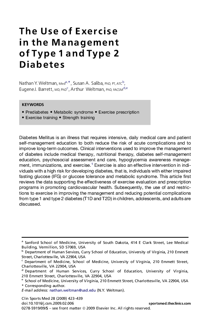 The Use of Exercise in the Management of Type 1 and Type 2 Diabetes