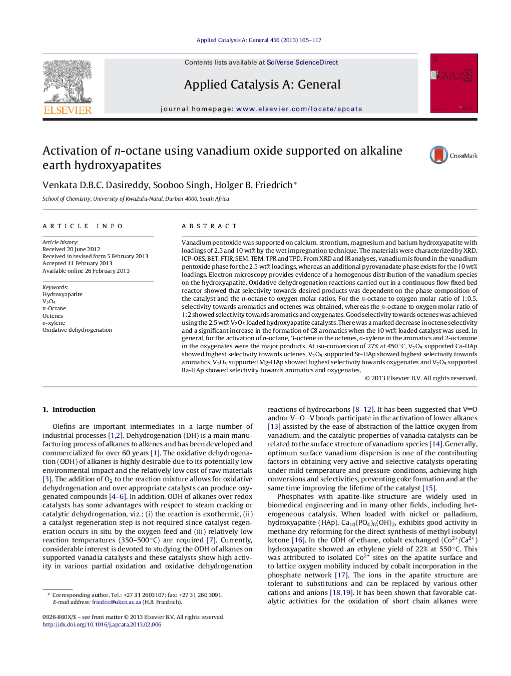 Activation of n-octane using vanadium oxide supported on alkaline earth hydroxyapatites