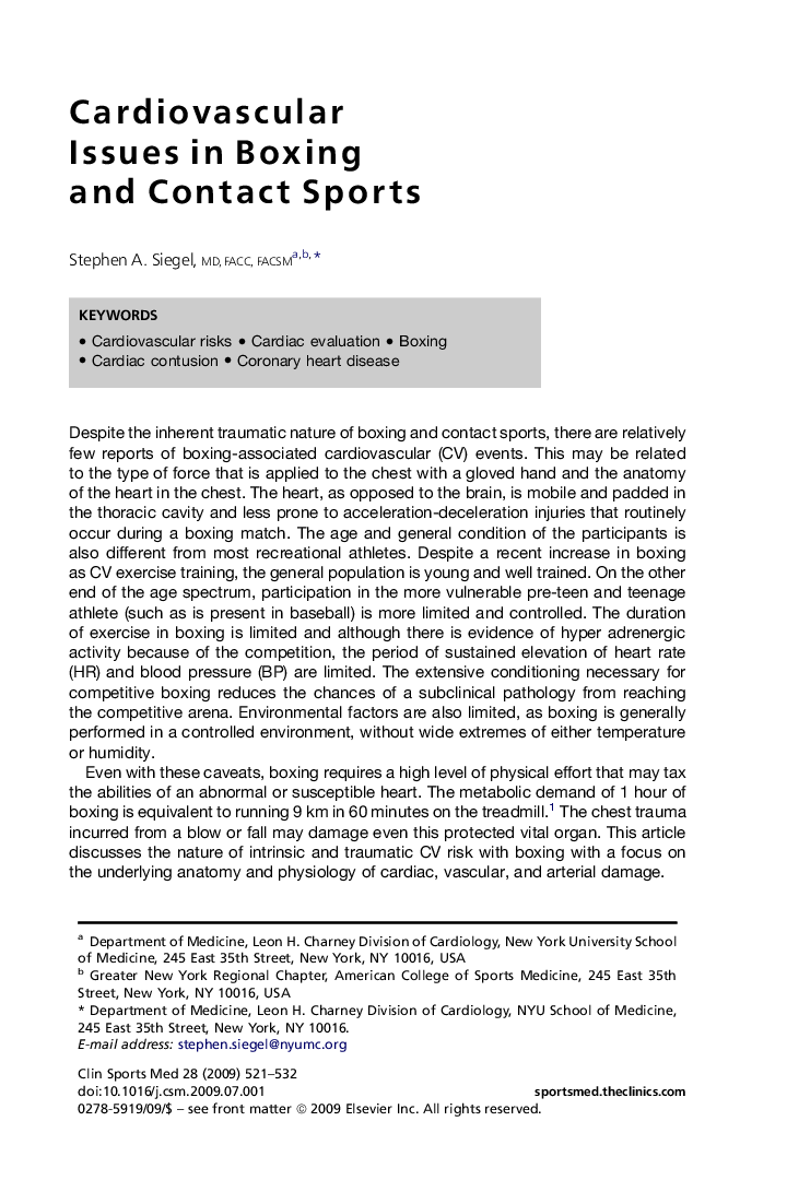 Cardiovascular Issues in Boxing and Contact Sports