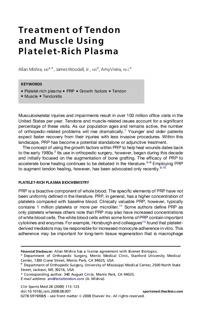 Treatment of Tendon and Muscle Using Platelet-Rich Plasma 