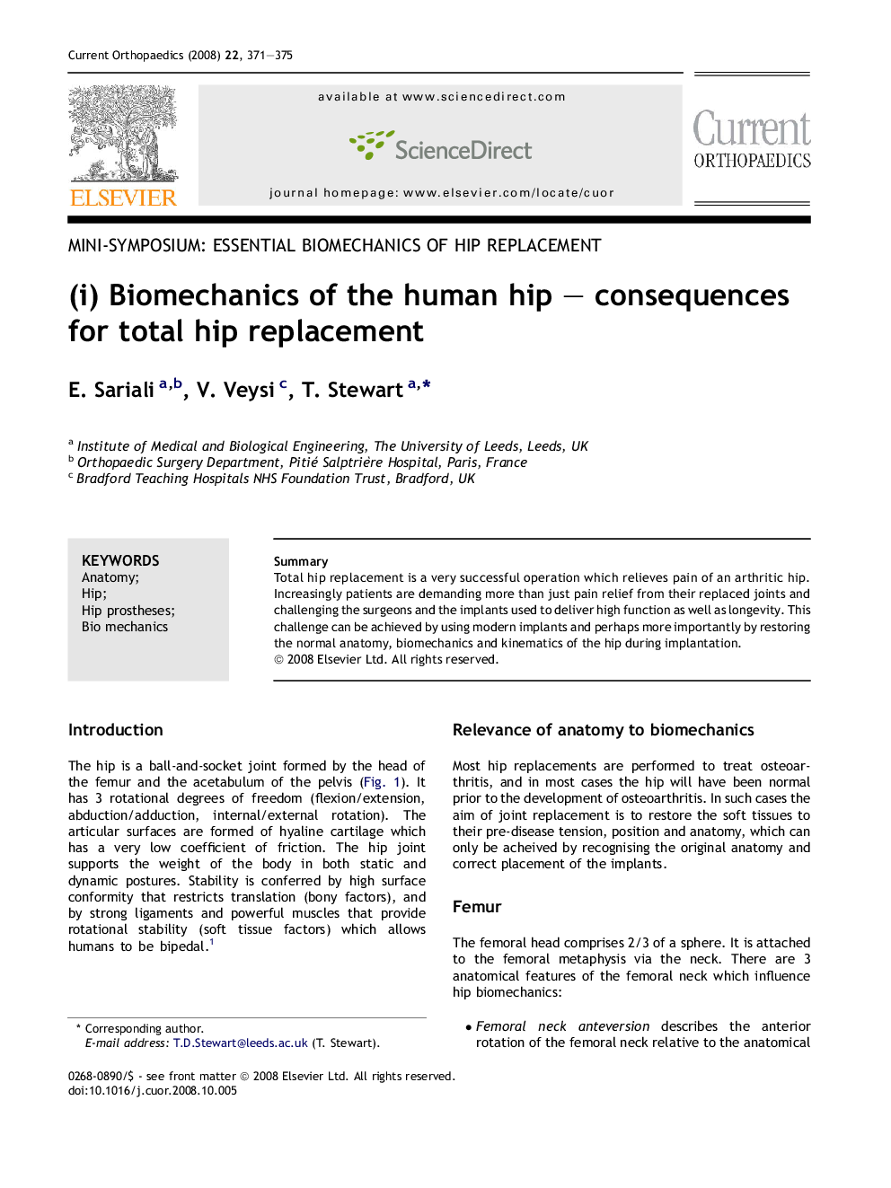 (i) Biomechanics of the human hip – consequences for total hip replacement