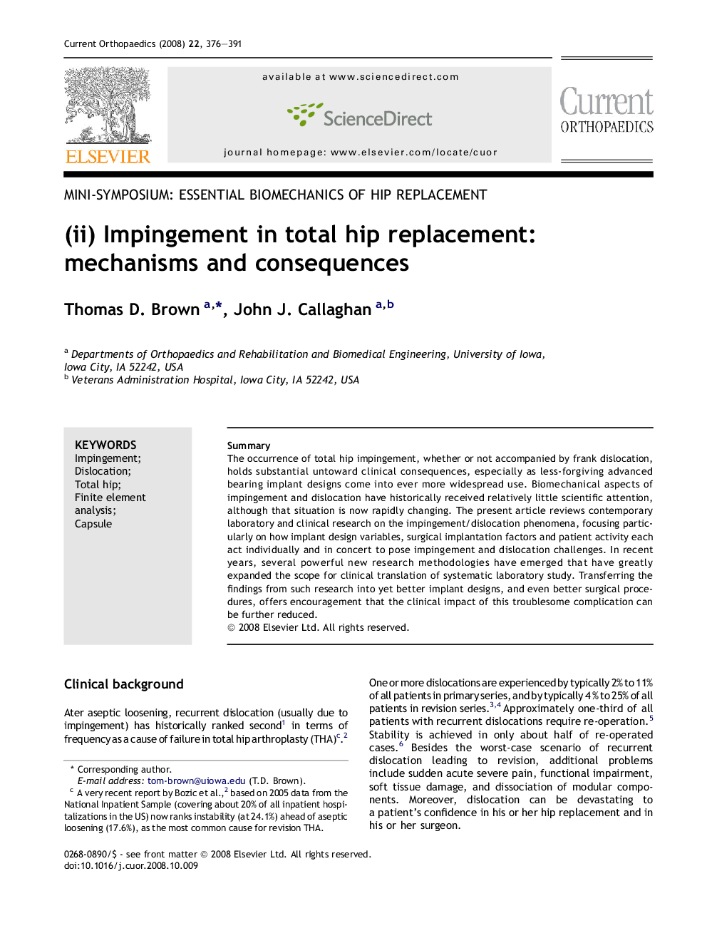 (ii) Impingement in total hip replacement: mechanisms and consequences