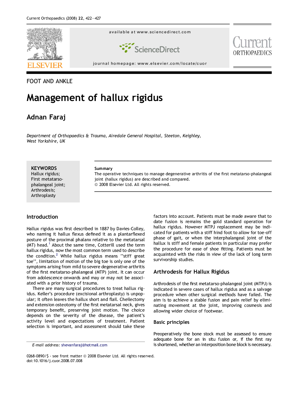 Management of hallux rigidus