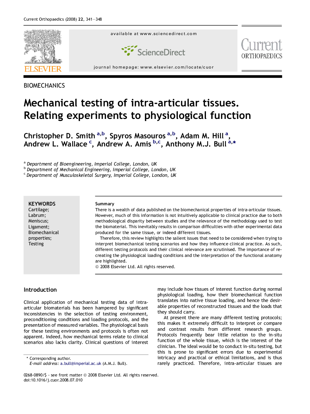 Mechanical testing of intra-articular tissues. Relating experiments to physiological function