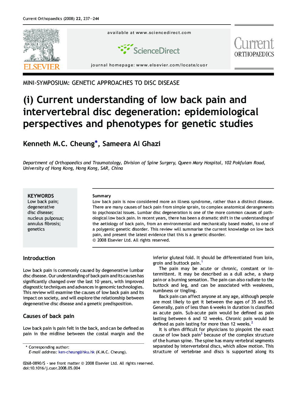 (i) Current understanding of low back pain and intervertebral disc degeneration: epidemiological perspectives and phenotypes for genetic studies