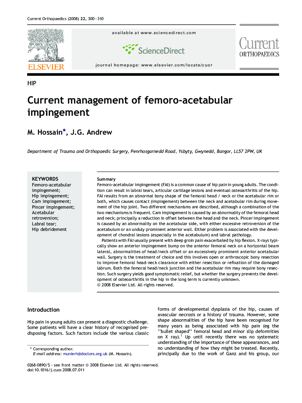 Current management of femoro-acetabular impingement