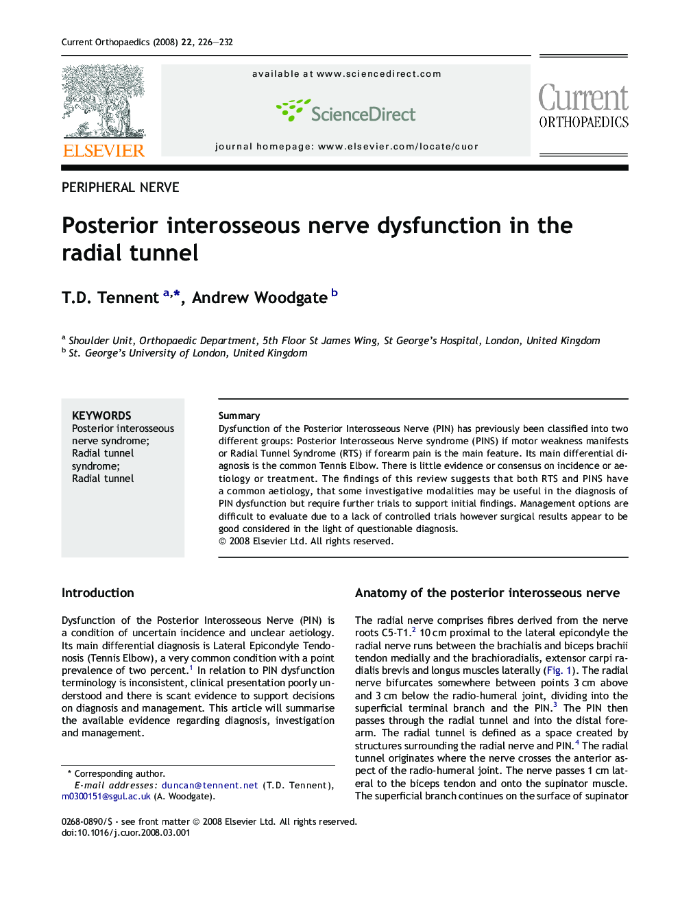 Posterior interosseous nerve dysfunction in the radial tunnel