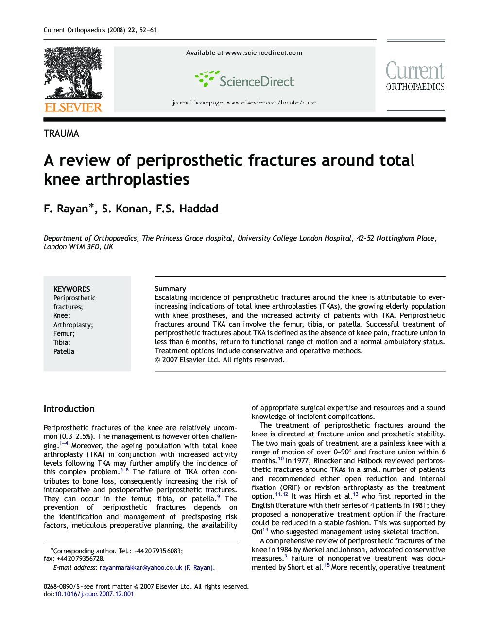 A review of periprosthetic fractures around total knee arthroplasties