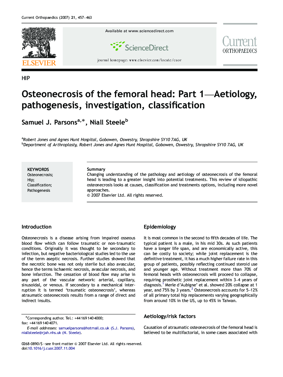 Osteonecrosis of the femoral head: Part 1—Aetiology, pathogenesis, investigation, classification