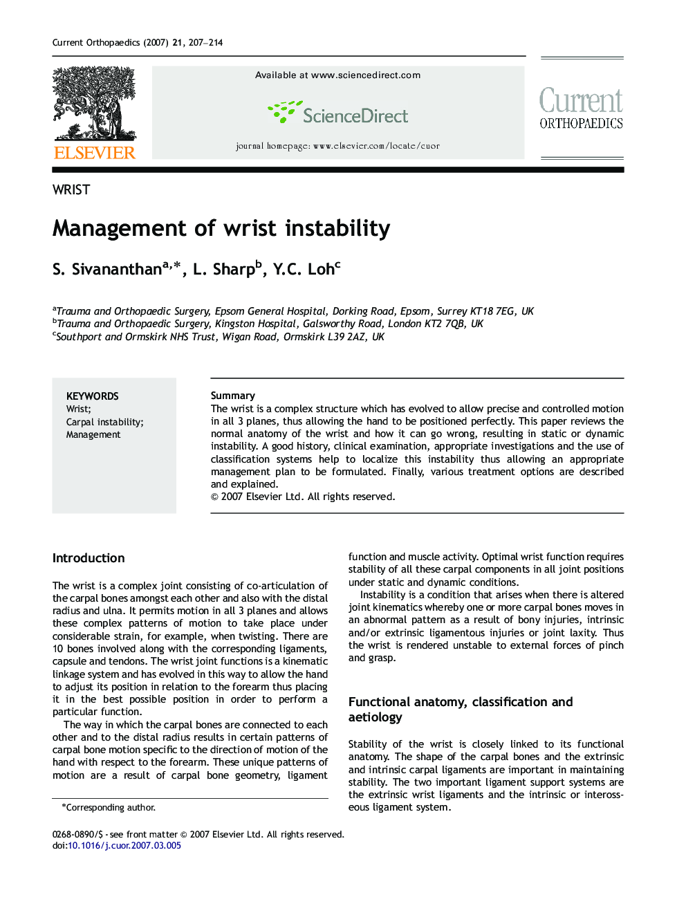 Management of wrist instability