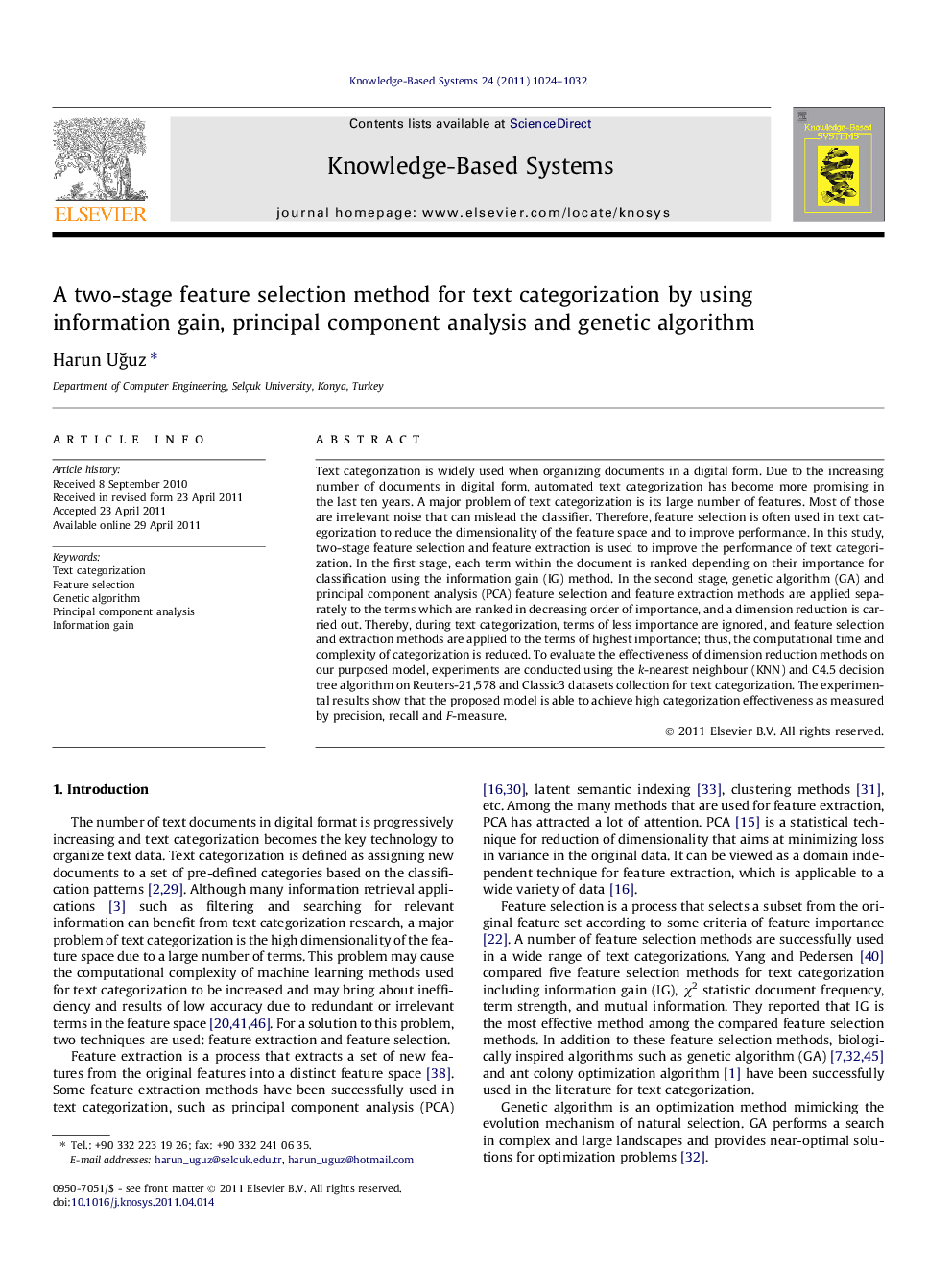 عکس صفحه اول مقاله: A two-stage feature selection method for text categorization by using information gain, principal component analysis and genetic algorithm A two-stage feature selection method for text categorization by using information gain, principal component analysis and genetic algorithm