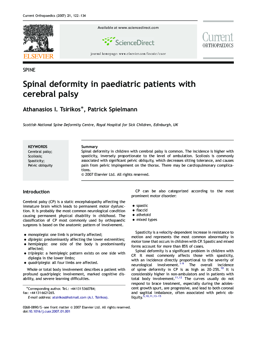 Spinal deformity in paediatric patients with cerebral palsy