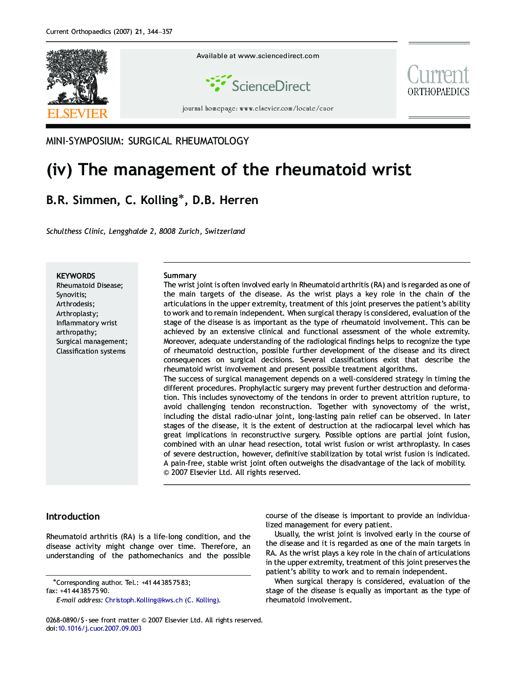 (iv) The management of the rheumatoid wrist