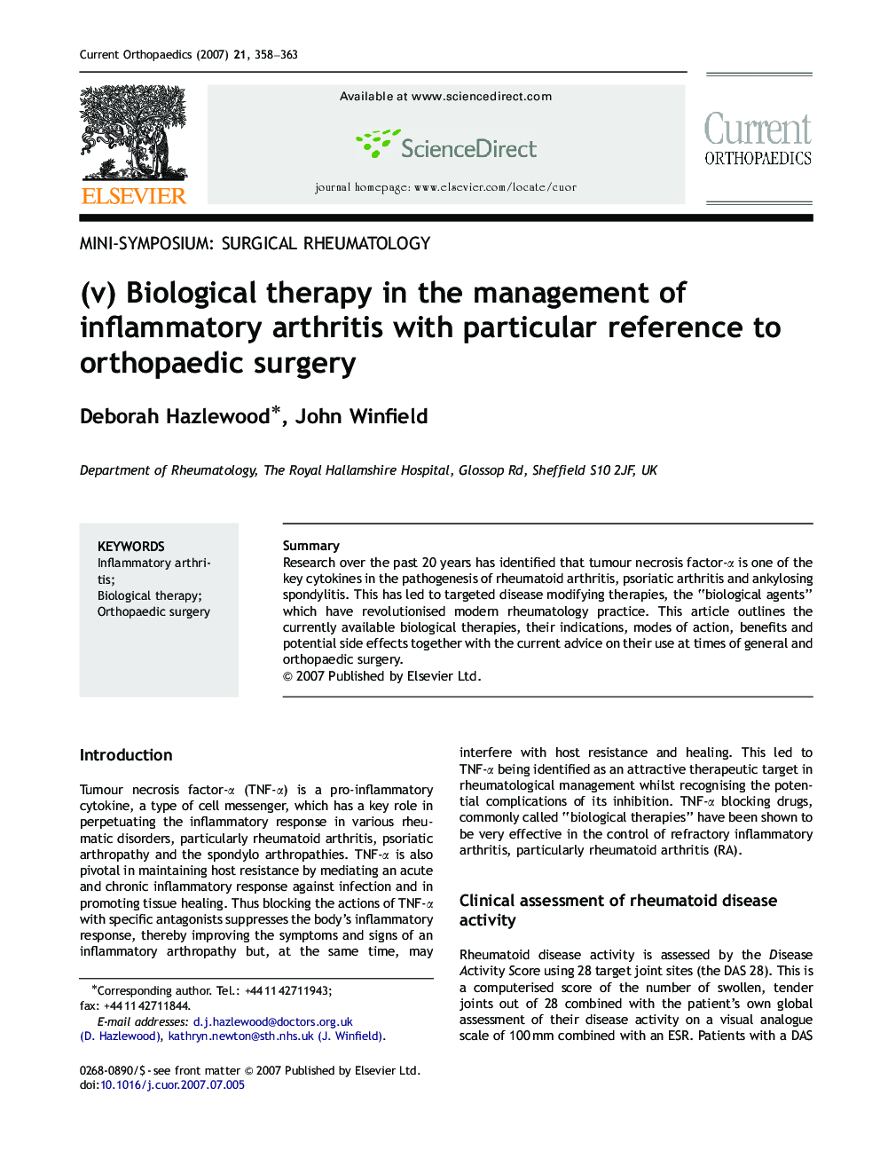 (v) Biological therapy in the management of inflammatory arthritis with particular reference to orthopaedic surgery