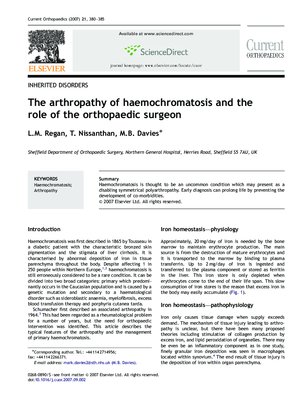 The arthropathy of haemochromatosis and the role of the orthopaedic surgeon