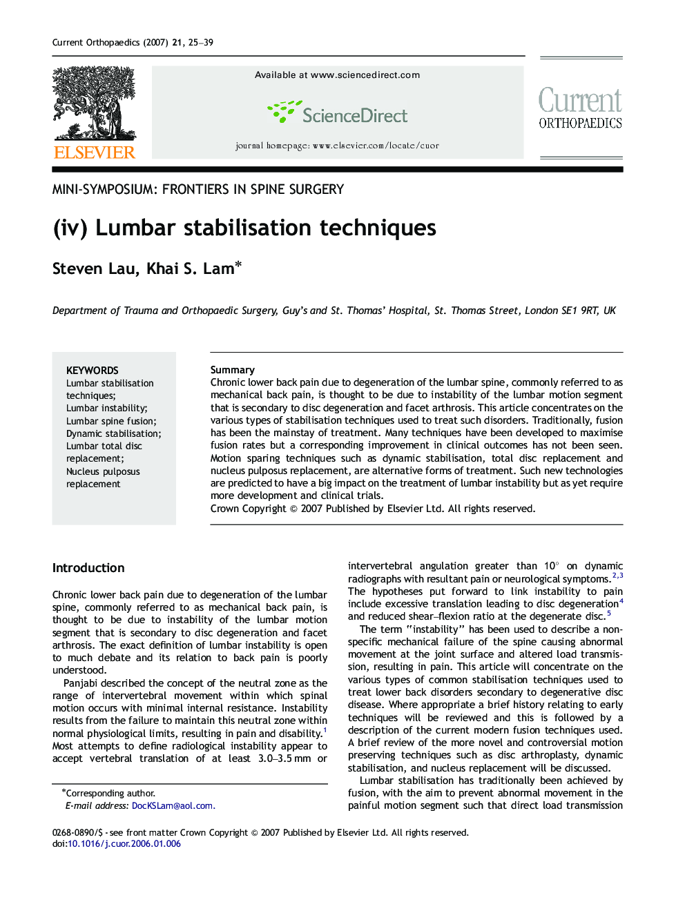 (iv) Lumbar stabilisation techniques