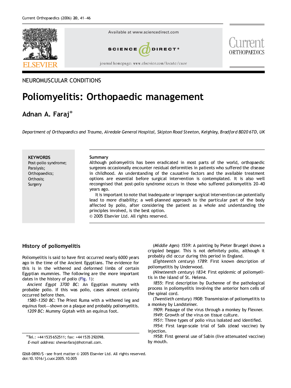 Poliomyelitis: Orthopaedic management