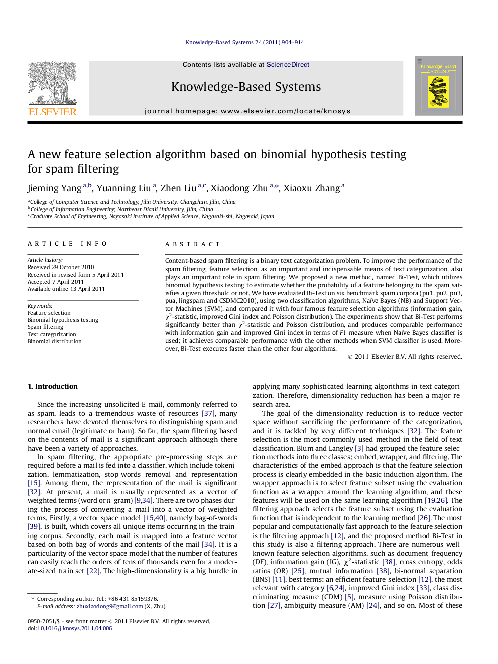 A new feature selection algorithm based on binomial hypothesis testing for spam filtering