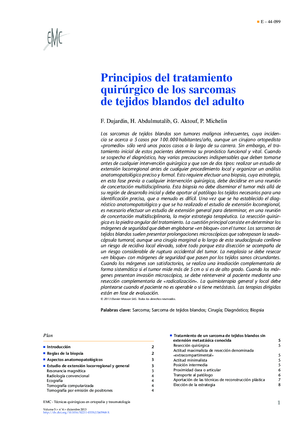 Principios del tratamiento quirúrgico de los sarcomas de tejidos blandos del adulto