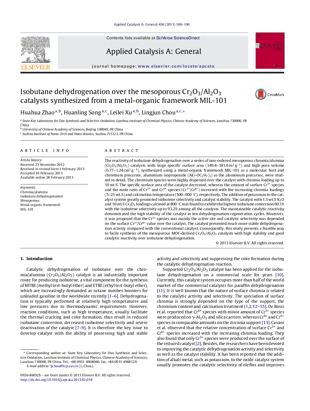 Isobutane dehydrogenation over the mesoporous Cr2O3/Al2O3 catalysts synthesized from a metal-organic framework MIL-101