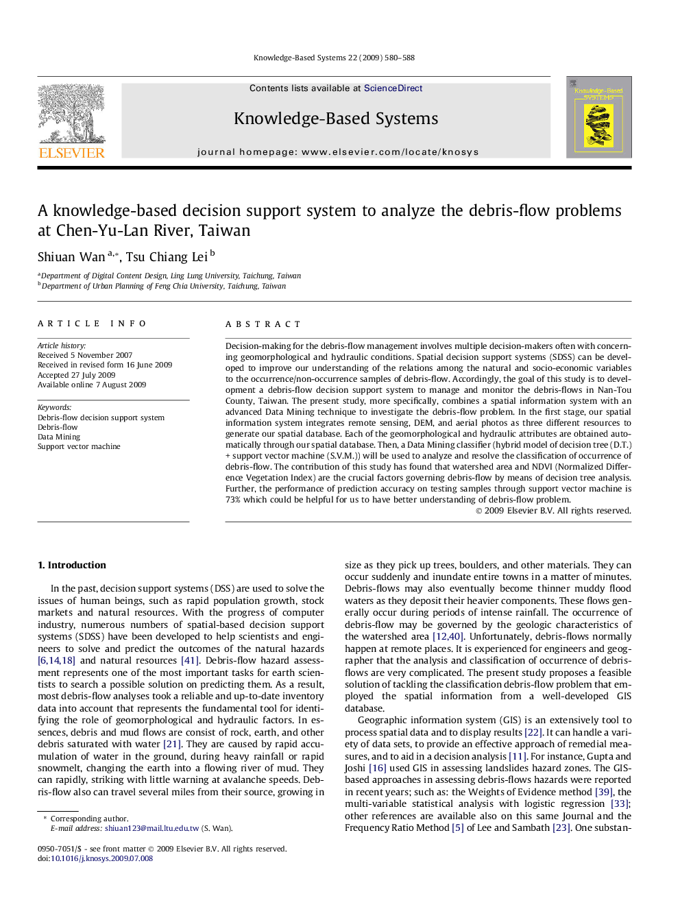 A knowledge-based decision support system to analyze the debris-flow problems at Chen-Yu-Lan River, Taiwan